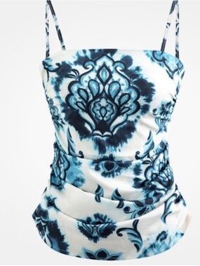 ZARA Ruched Blue Paisley Spaghetti Strap Tank Top L NEW!